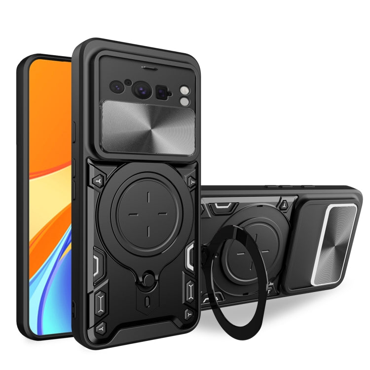 Google Pixel 8 Pro Texture Sliding Camshield Magnetic Holder Phone Case(Black) - Mobile Gadget HQ